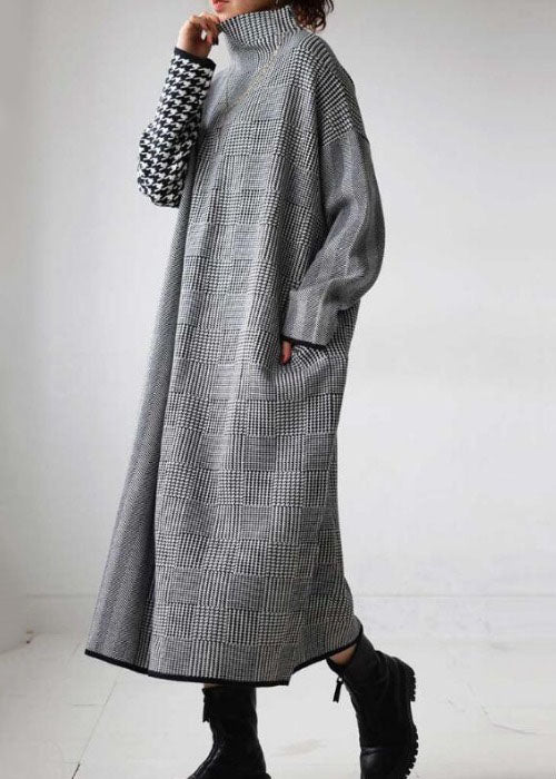 Italian Grey Plaid Hign Neck Patchwork Long Knit Dress Fall WE018 HS-NSD241028