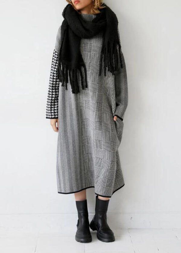 Italian Grey Plaid Hign Neck Patchwork Long Knit Dress Fall WE018 HS-NSD241028