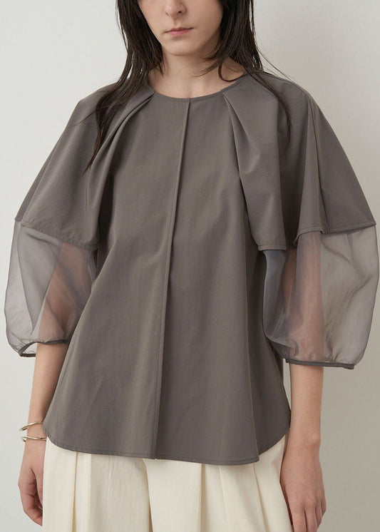 Italian Grey Organza Tops Patchwork Sleeve Summer Puff Shirt FashionChic