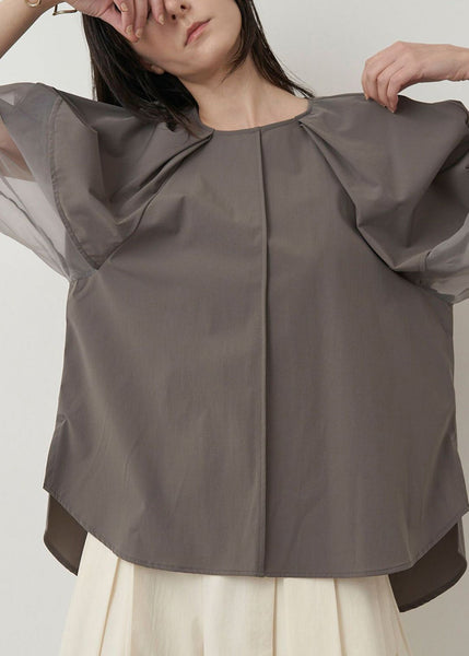 Italian Grey Organza Tops Patchwork Sleeve Summer Puff Shirt FashionChic