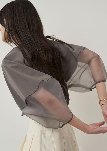 Italian Grey Organza Tops Patchwork Sleeve Summer Puff Shirt FashionChic