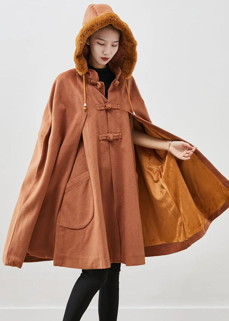 Italian Khaki Fur Collar Oversized Warm Fleece Coat Cloak Sleeves Ada Fashion