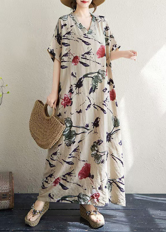 Print Italian Khaki Dresses Summer Oversized Cotton FashionChic