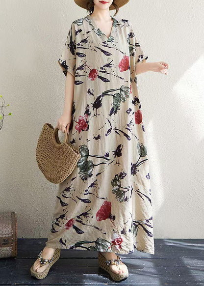 Print Italian Khaki Dresses Summer Oversized Cotton FashionChic
