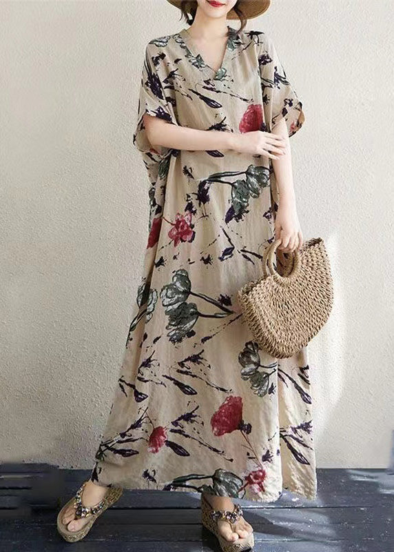 Print Italian Khaki Dresses Summer Oversized Cotton FashionChic
