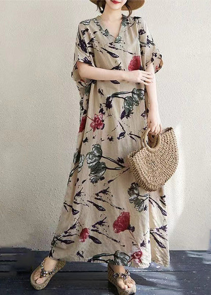 Print Italian Khaki Dresses Summer Oversized Cotton FashionChic