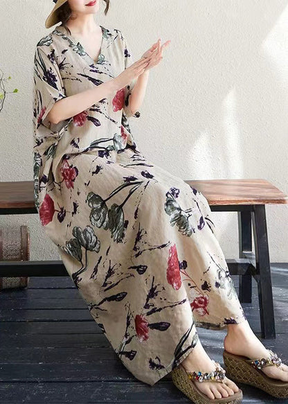 Print Italian Khaki Dresses Summer Oversized Cotton FashionChic