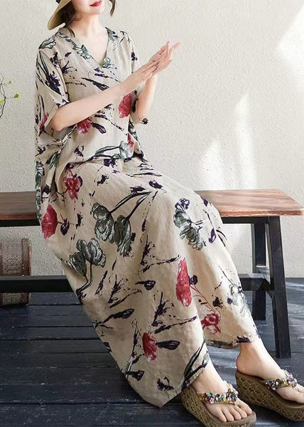 Print Italian Khaki Dresses Summer Oversized Cotton FashionChic