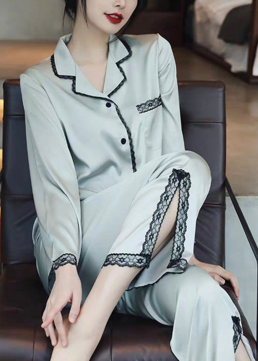 Italian Light Blue Side Open Lace Patchwork Ice Silk Pajamas Two Piece Set Spring YK008 ABC