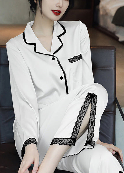 Italian Light Blue Side Open Lace Patchwork Ice Silk Pajamas Two Piece Set Spring YK008 ABC