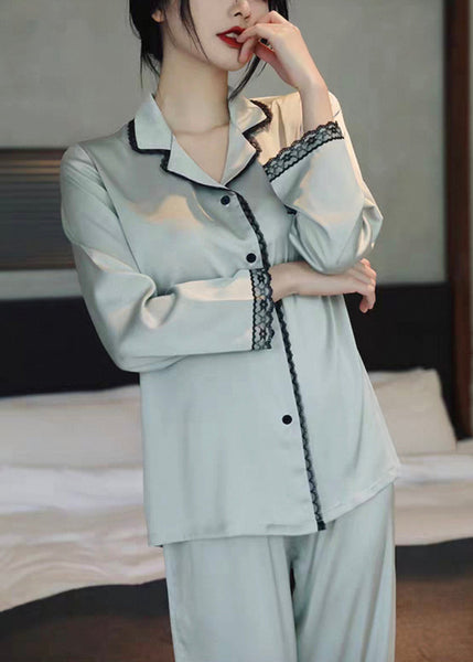 Italian Light Blue Side Open Lace Patchwork Ice Silk Pajamas Two Piece Set Spring YK008 ABC