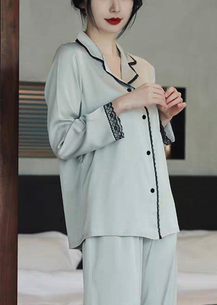 Italian Light Blue Side Open Lace Patchwork Ice Silk Pajamas Two Piece Set Spring YK008 ABC