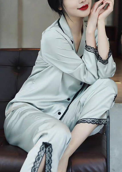 Italian Light Blue Side Open Lace Patchwork Ice Silk Pajamas Two Piece Set Spring YK008 ABC