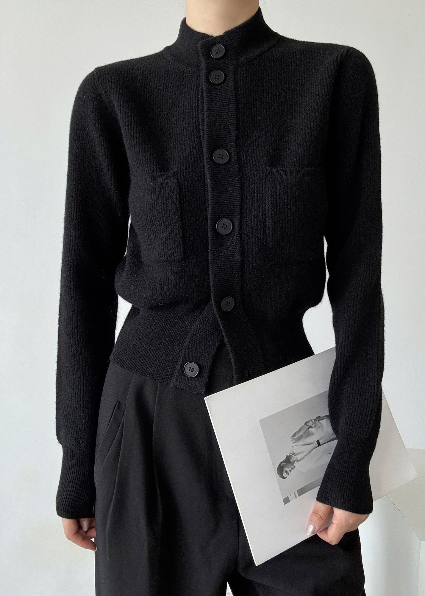 Italian Light Grey Stand Collar Button Wool Cardigans Spring TY026