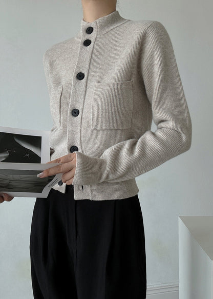 Italian Light Grey Stand Collar Button Wool Cardigans Spring TY026