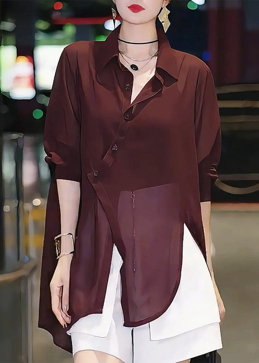 Shirts Patchwork Italian Chiffon Mulberry Asymmetrical Summer FashionChic