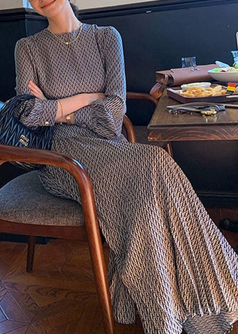 High Cotton Long Italian Dresses Waist Print O-Neck Navy Fall FashionChic