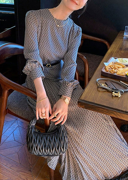 High Cotton Long Italian Dresses Waist Print O-Neck Navy Fall FashionChic