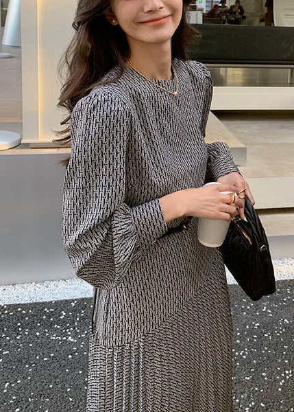 High Cotton Long Italian Dresses Waist Print O-Neck Navy Fall FashionChic