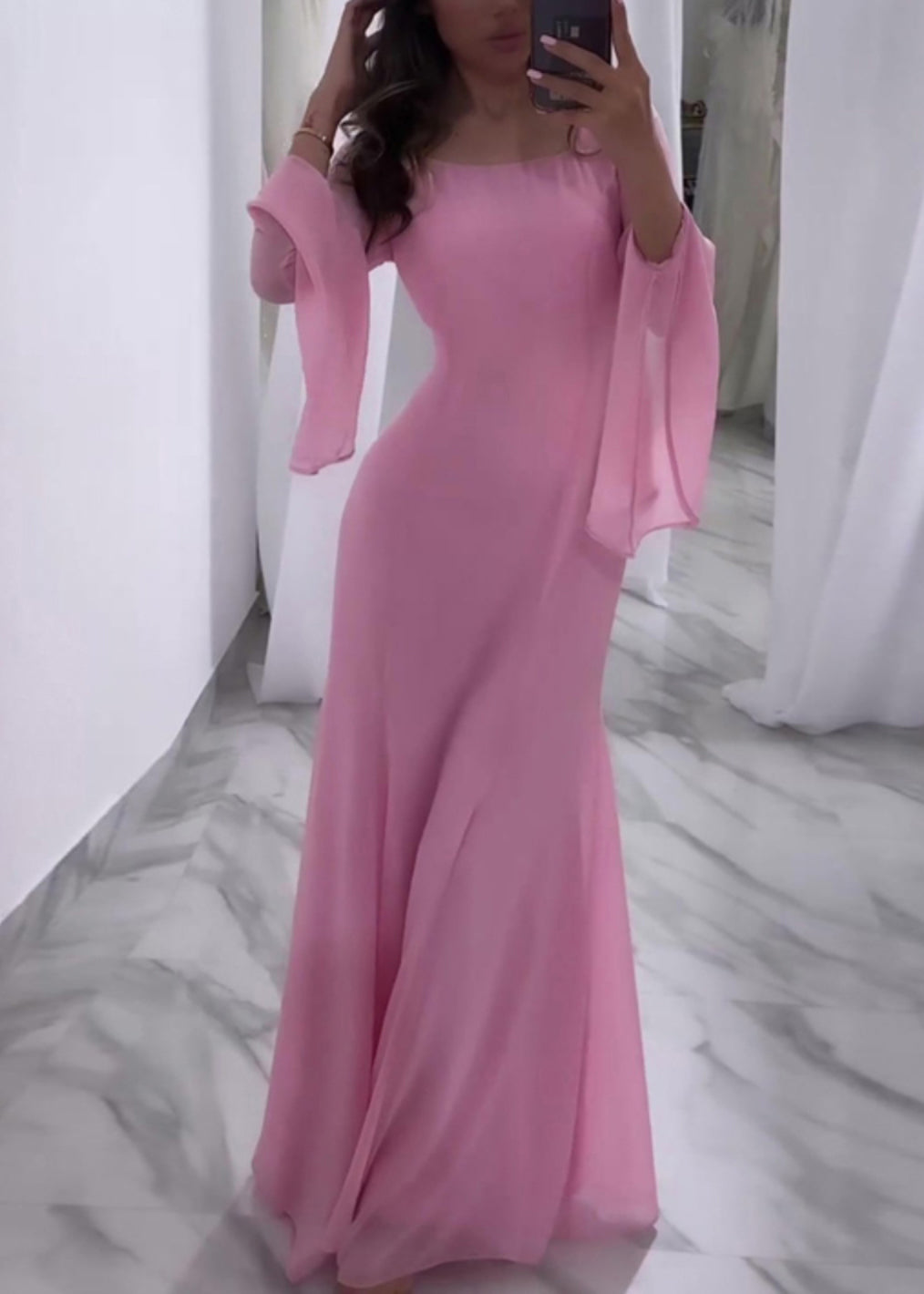 Italian Navy Square Collar Chiffon Dress Butterfly Sleeve QL033 OM-ZS241023