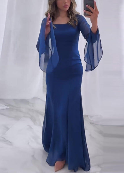 Italian Navy Square Collar Chiffon Dress Butterfly Sleeve QL033 OM-ZS241023