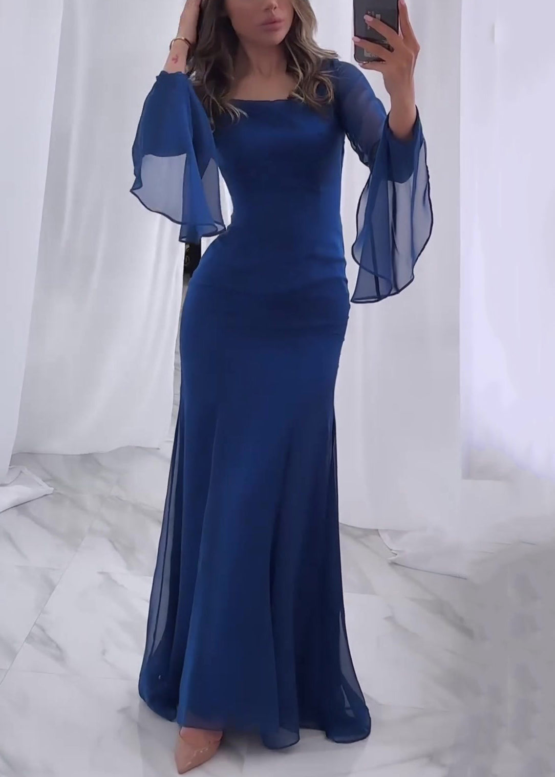 Italian Navy Square Collar Chiffon Dress Butterfly Sleeve QL033 OM-ZS241023