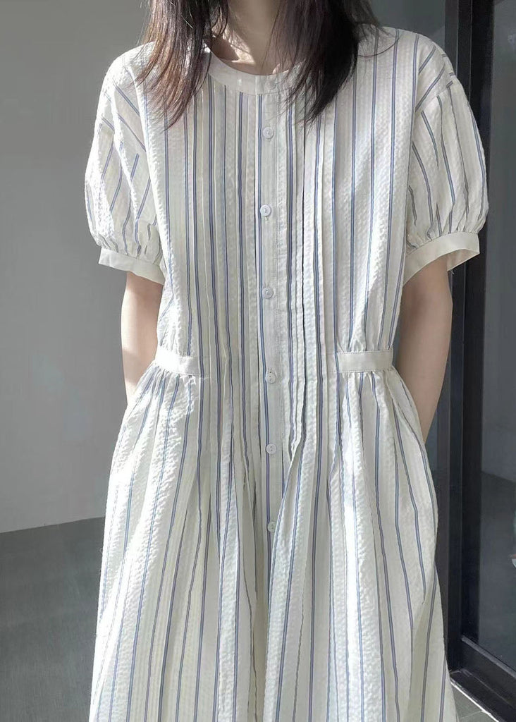 Italian O-Neck Striped Cinched Patchwork Party Long Dress Short Sleeve VB1048 Ada Fashion