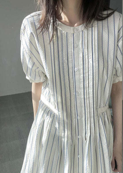 Italian O-Neck Striped Cinched Patchwork Party Long Dress Short Sleeve VB1048 Ada Fashion