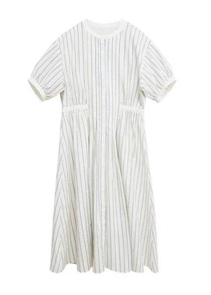Italian O-Neck Striped Cinched Patchwork Party Long Dress Short Sleeve VB1048 Ada Fashion