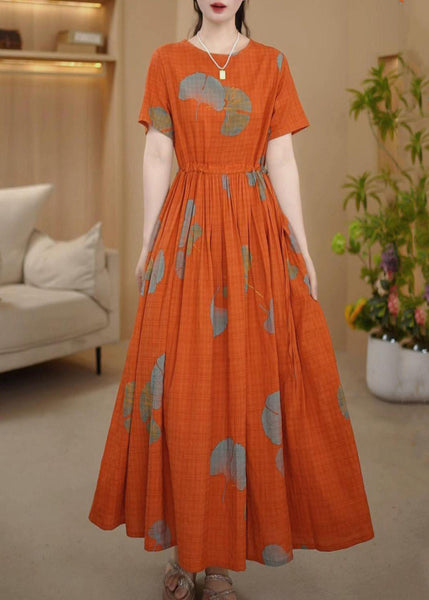 Orange Italian Cotton Summer Dresses Cinched Maxi Print FashionChic