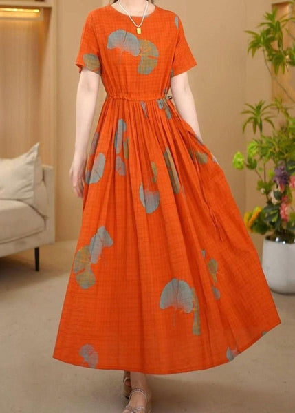 Orange Italian Cotton Summer Dresses Cinched Maxi Print FashionChic