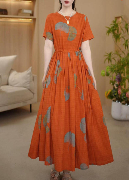 Orange Italian Cotton Summer Dresses Cinched Maxi Print FashionChic