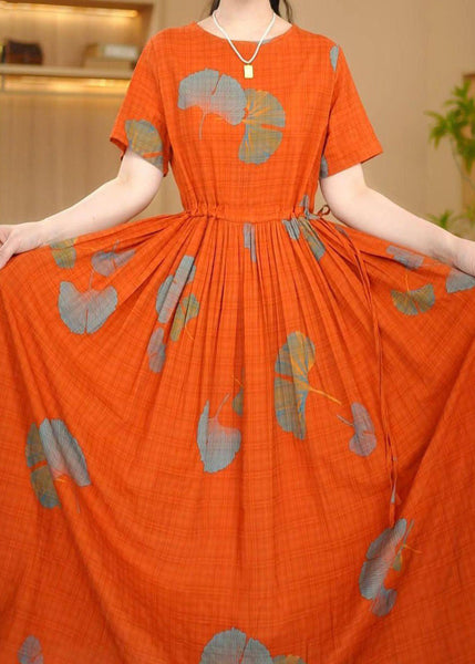 Orange Italian Cotton Summer Dresses Cinched Maxi Print FashionChic