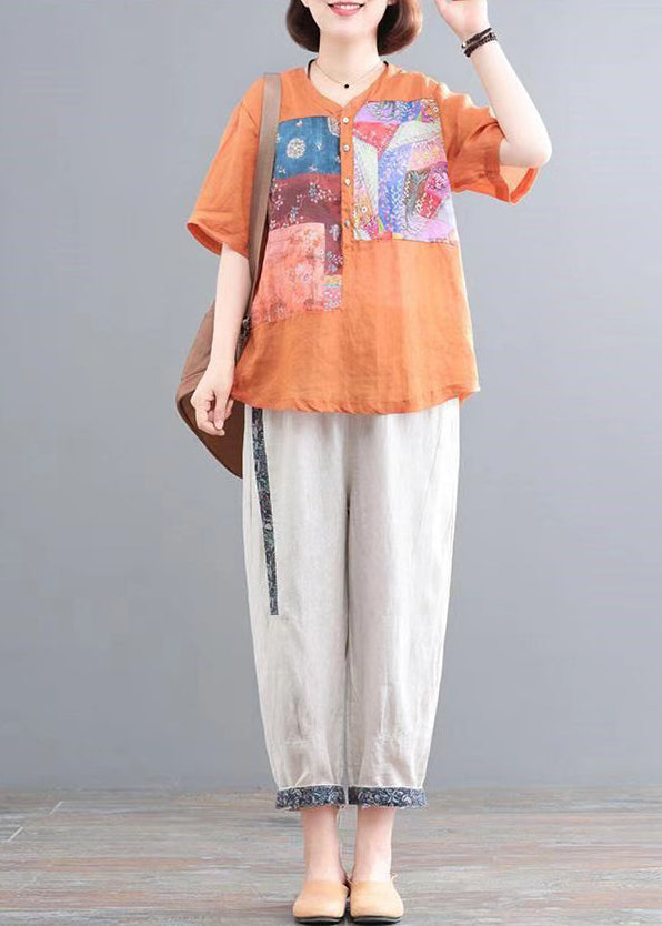 Linen Summer Print Set Two Italian Pieces Oversized Orange FashionChic
