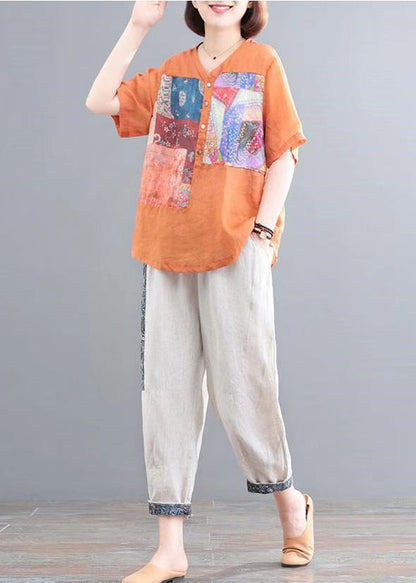 Linen Summer Print Set Two Italian Pieces Oversized Orange FashionChic