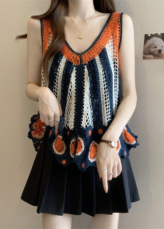 Italian Orange Vests Summer Knit Neck V FashionChic