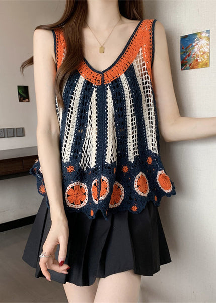 Italian Orange Vests Summer Knit Neck V FashionChic