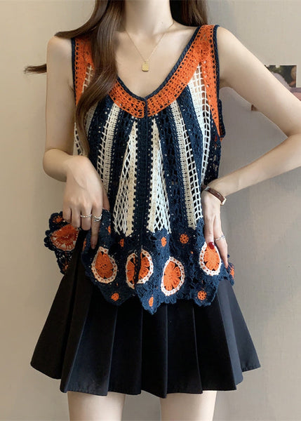 Italian Orange Vests Summer Knit Neck V FashionChic