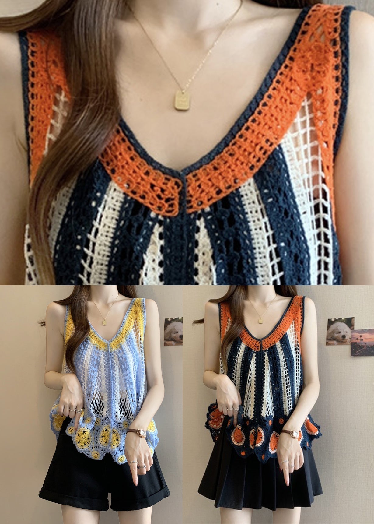 Italian Orange Vests Summer Knit Neck V FashionChic