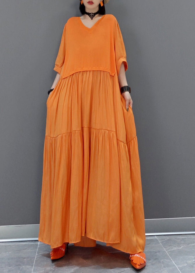 Italian Orange V Neck Patchwork Holiday Maxi Dress Summer VB1002 Ada Fashion