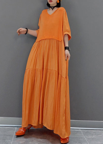 Italian Orange V Neck Patchwork Holiday Maxi Dress Summer VB1002 Ada Fashion