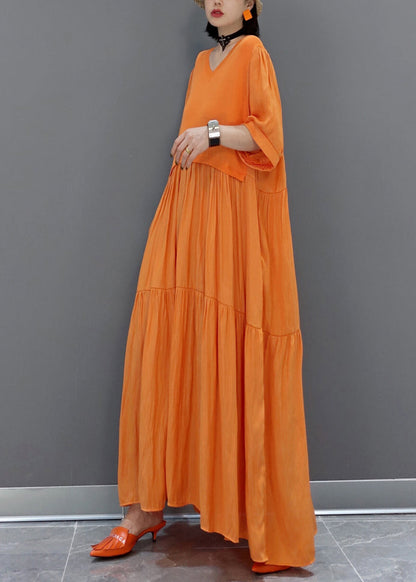 Italian Orange V Neck Patchwork Holiday Maxi Dress Summer VB1002 Ada Fashion