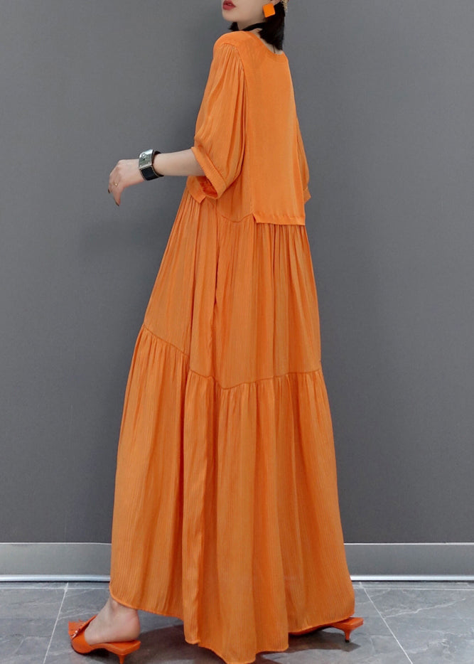 Italian Orange V Neck Patchwork Holiday Maxi Dress Summer VB1002 Ada Fashion