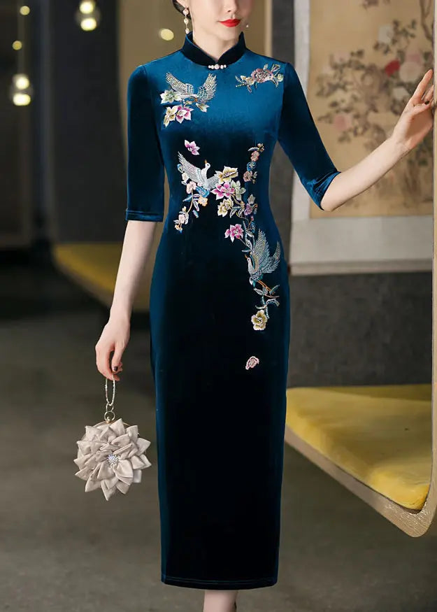 Italian Peacock Blue Stand Collar Embroidered Silk Velour Dresses Half Sleeve Ada Fashion