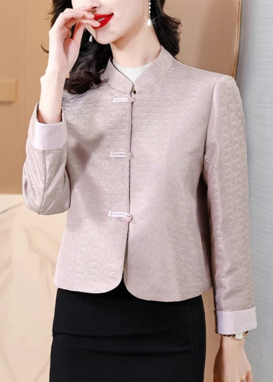 Italian Pink Stand Collar Print Button Silk Coat Fall QO004 MZF-CTS241008