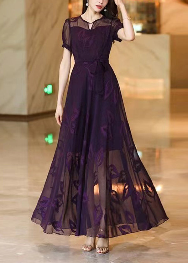 Italian Purple Embroidered Lace Up Chiffon Maxi Dress Summer XX073 SH-LF-SDL240611