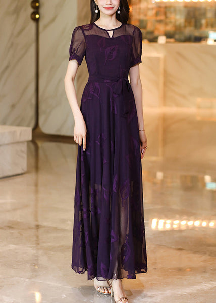 Italian Purple Embroidered Lace Up Chiffon Maxi Dress Summer XX073 SH-LF-SDL240611
