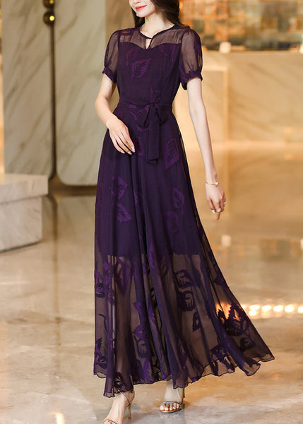 Italian Purple Embroidered Lace Up Chiffon Maxi Dress Summer XX073 SH-LF-SDL240611
