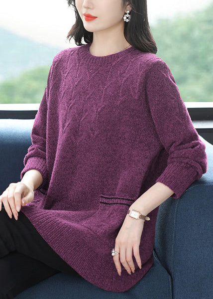 Italian Purple O Neck Pockets Thick Woolen Knit Sweaters Winter RL035 ABC