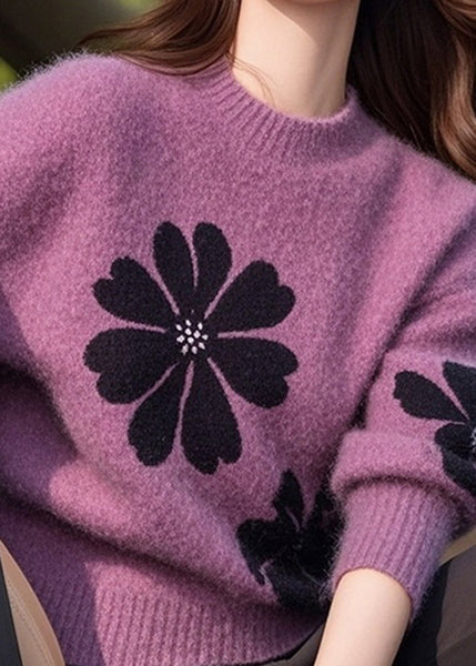 Pull en maille épaisse imprimée violet à col rond, style italien, pour l'hiver TO001